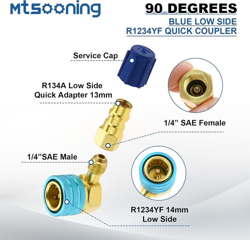 Mtsooning R1234yf 90° High/Low Side Quick Couplers Kit, R1234YF to R134A Quick Coupler Adapter, R1234YF Hose Adapter Fitting Connector with R134A Retrofit Valve for Car Conditioner AC Charging - Image 2